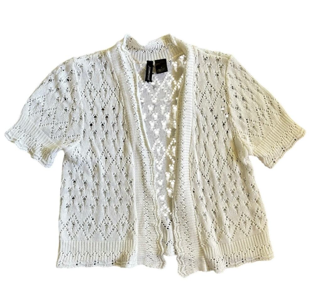 Jason Maxwell Y2K White Crochet Knit Cardigan Short Sleeve Cropped Size Small